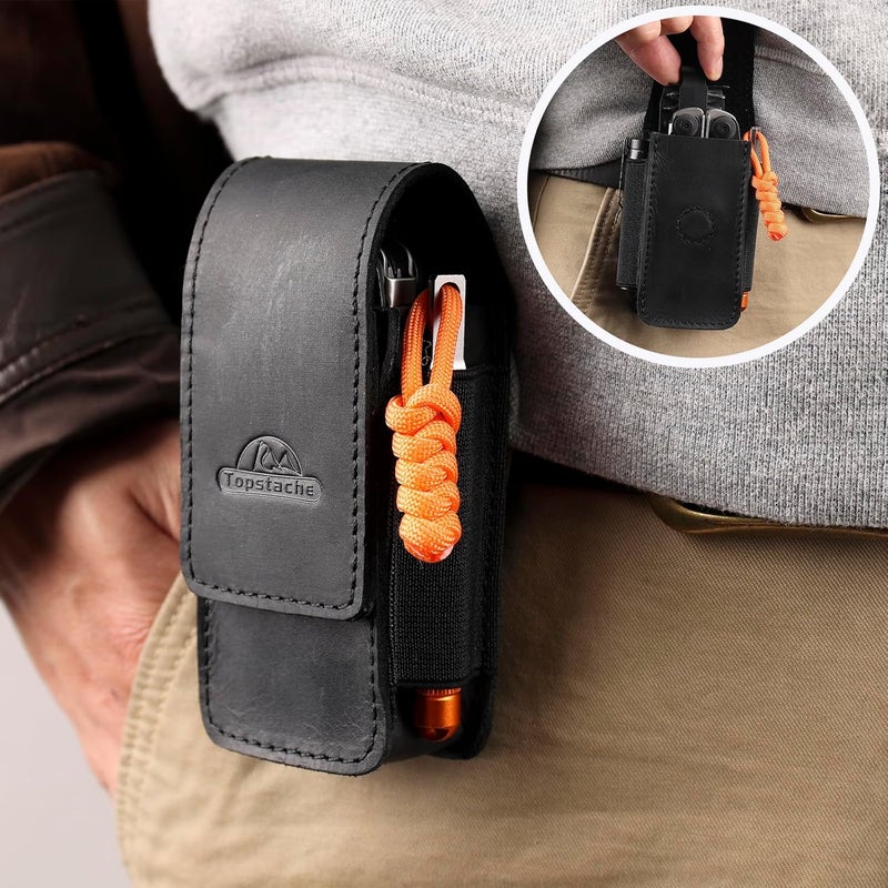 topstache Multitool Sheath with Belt Clip - EDC Belt Organizer Multi Tool Case - Leather Multitool Holster for Belt - Magnetic Closure Leather Multitool Pouch Fits Folding Tool, Black - Image 5